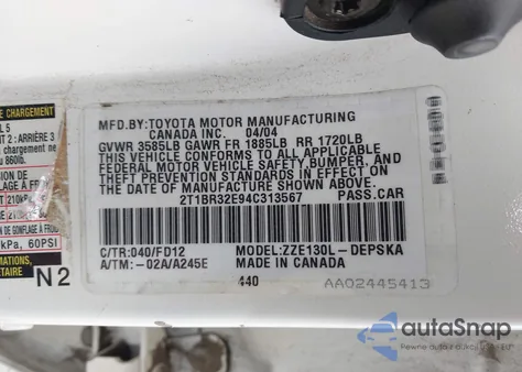 2004 Toyota Corolla S из США, поврежденный, VIN 2T1BR32E94C313567